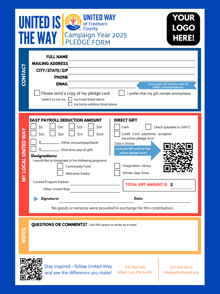 "Your Logo Here" personalizable pledge card for United Way of Freeborn County for the 2025 campaign year