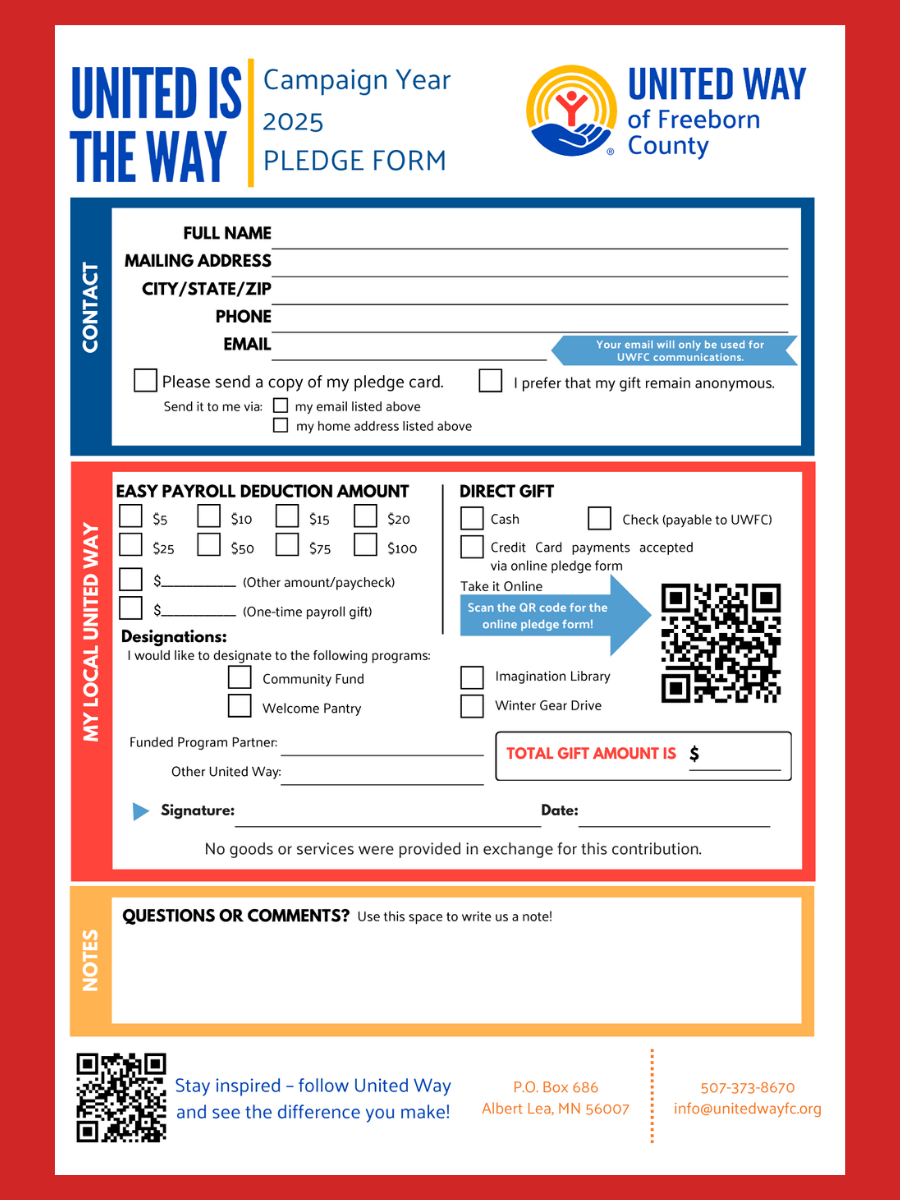 Generic pledge card for United Way of Freeborn County for the 2025 campaign year