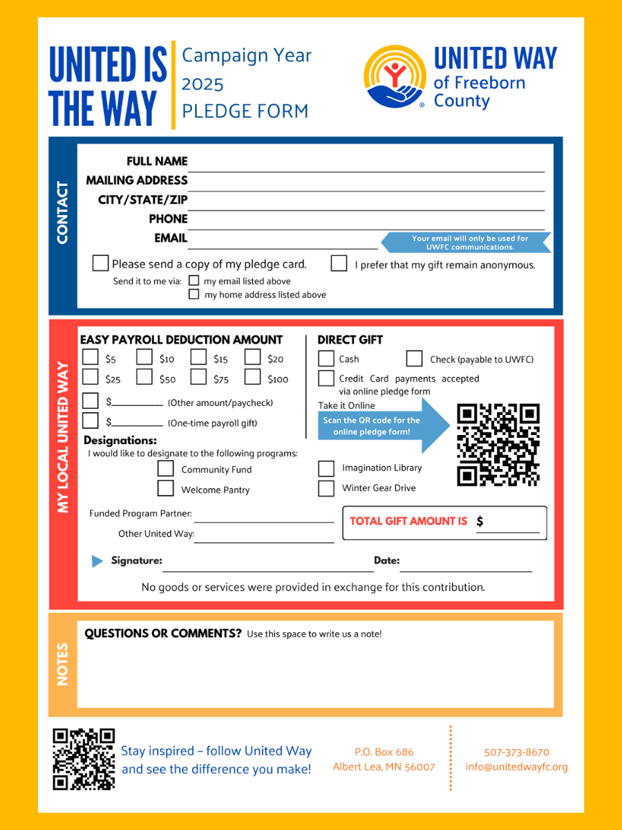 Generic pledge card for United Way of Freeborn County for the 2025 campaign year
