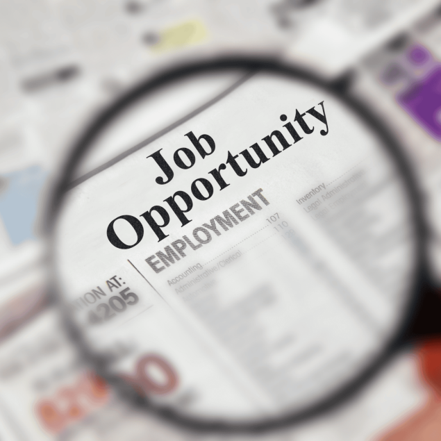 newspaper with magnifying glass highlighting the words Job Opportunity and Employment